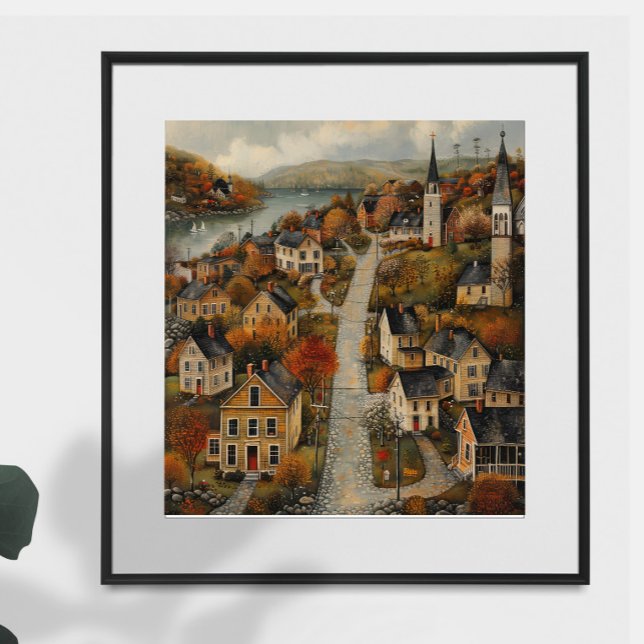 Autumn Town Folk Art Oil Painting Poster (Von Creator hochgeladen)