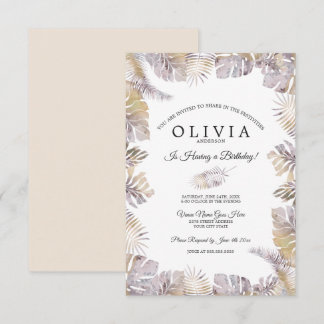 Autumn Tropic Leaf Watercolor Birthday Mauve Gold Einladung