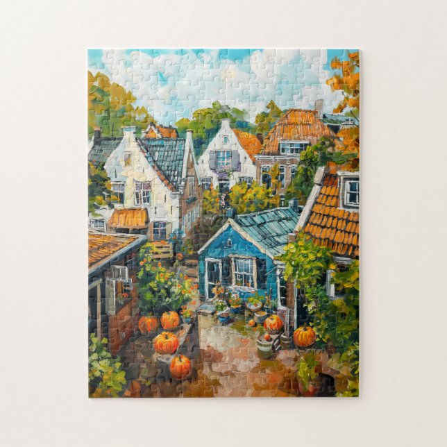 Autumn Village with Pumpkins and Cottages Painting Puzzle (Vertikal)