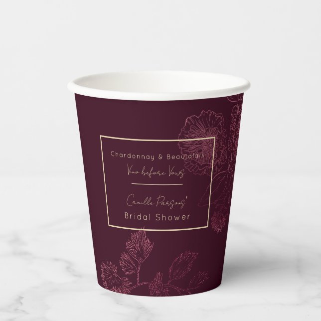 Autumn Vino Before Vows Rosegold Floral Lines Pappbecher (Vorderseite)