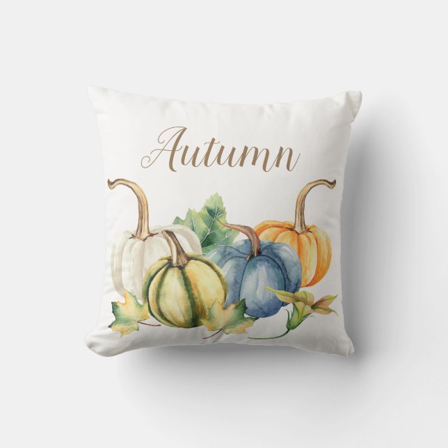 Autumn Wassercolor Pumpkin Blue White Orange Green Kissen (Vorderseite)