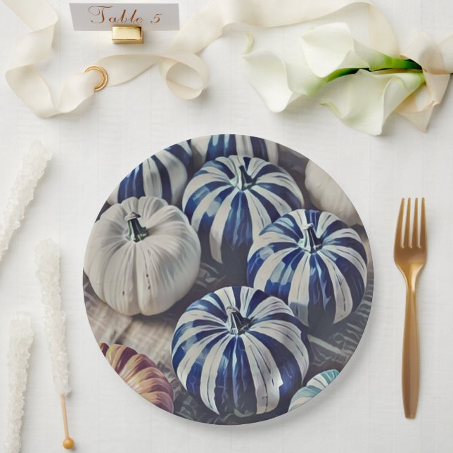 Autumn Watercolor Blue and White Pumpkin Design Pappteller (Hochzeit)