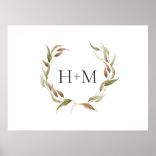 Autumn Watercolor Laurel Wreath and Monogram Poster