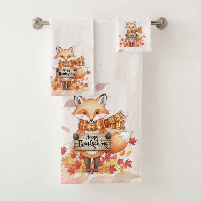 Autumn Whimsy – Thanksgiving Fox with Fall Leaves  Badhandtuch Set (Insitu)