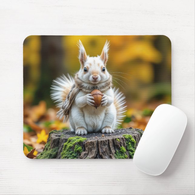 Autumn White Squirrel On a Tree Stump Mousepad (Mit Mouse)
