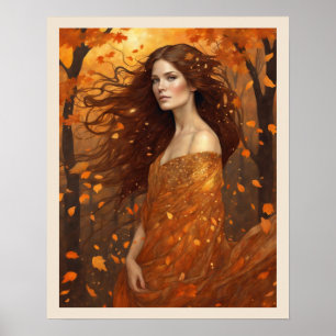 Autumn Wind Woman in Woods Art Nuevo Print Poster