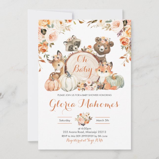 Autumn Woodland Girl Oh Baby Shooter Einladung (Vorderseite)
