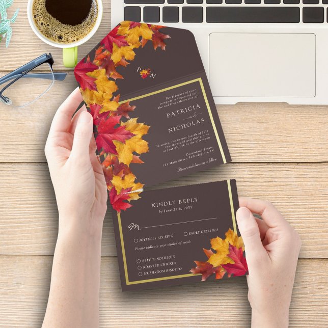 Autumn Woody Brown & Elegant Golden Frame Wedding All In One Einladung (Von Creator hochgeladen)