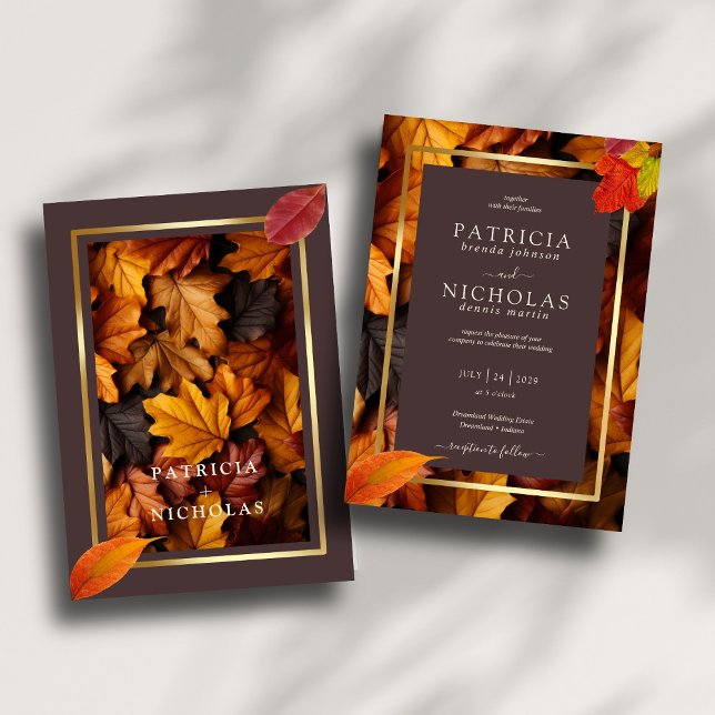Autumn Woody Brown & Elegant Golden Frame Wedding Einladung (Von Creator hochgeladen)