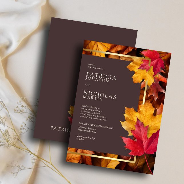 Autumn Woody Brown & Elegant Golden Frame Wedding Einladung (Von Creator hochgeladen)