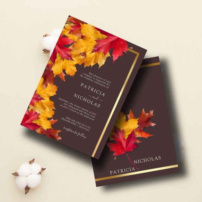 Autumn Woody Brown & Elegant Golden Frame Wedding Einladung (Von Creator hochgeladen)