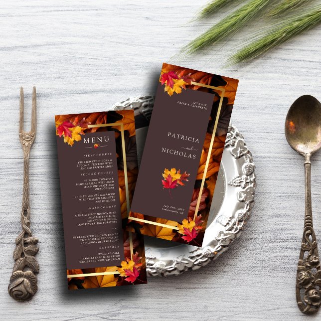 Autumn Woody Brown & Elegant Golden Frame Wedding Menükarte (Von Creator hochgeladen)