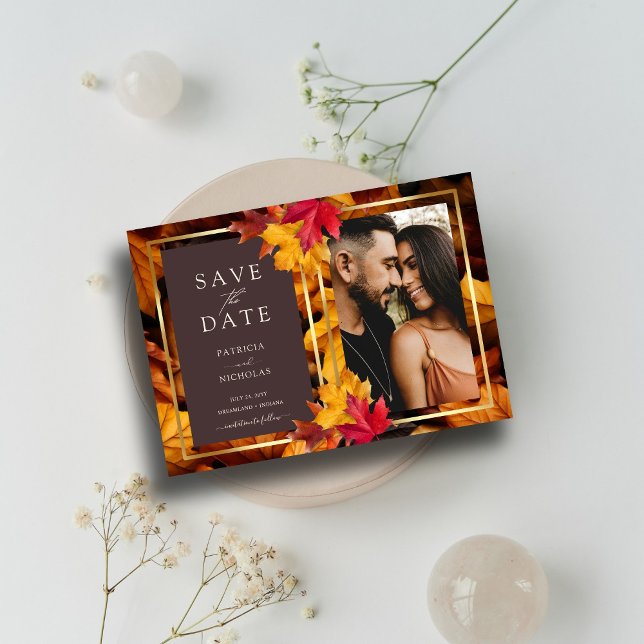 Autumn Woody Brown & Elegant Golden Frame Wedding Save The Date (Von Creator hochgeladen)