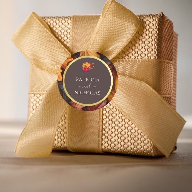 Autumn Woody Brown & Elegant Golden Rahmen Wedding Runder Aufkleber (Von Creator hochgeladen)