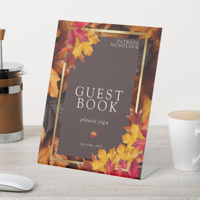 Autumn Woody Brown & Elegante Golden Guest Book Sockelschild (Von Creator hochgeladen)