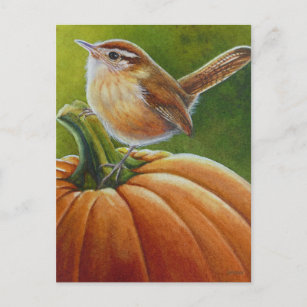 Autumn Wren Bird auf der Orange Pumpkin Watercolor Postkarte