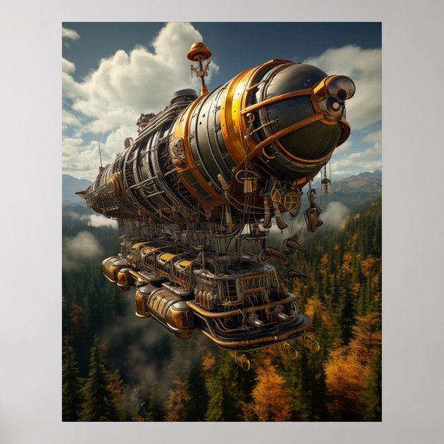 Autumnal Adventure Steampunk Zeppelin über Wald Poster (Vorne)