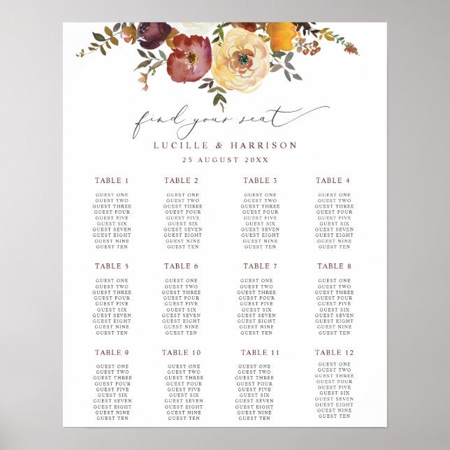 Autumnal Blooms Burgund Hochzeitsplan Poster (Vorne)