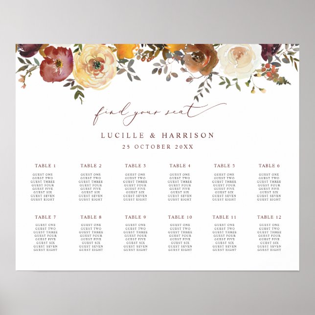 Autumnal Blooms Landschaft Hochzeitsplan Poster (Vorne)