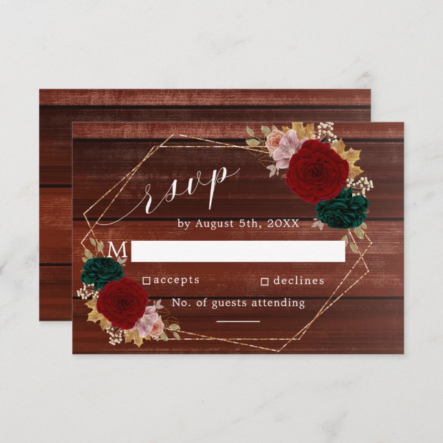 Autumnal Burgundy Wooden Emerald Greeny Floral RSVP Karte (Vorne/Hinten)