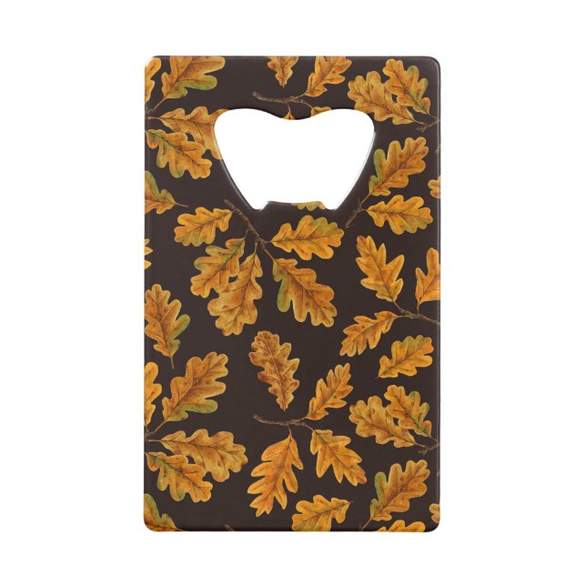 Autumnal Eicheneiche Blätter auf dunkelbraun Geldbeutel Flaschenöffner (Vorderseite)