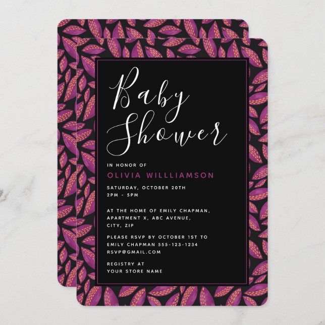 Autumnal Fall Lila Blätter Kinderdusche Einladung (Vorne/Hinten)