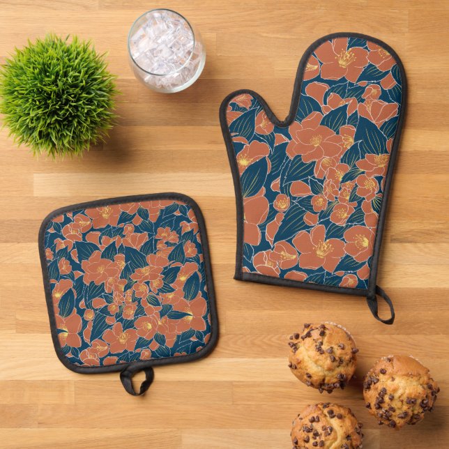 Autumnal Floral Oven Fall Kitchen Dekoration Ofenhandschuh & Topflappen-Set (Oben Unten)