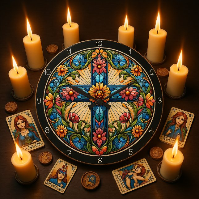 Autumnal Floral Stained Glass Cross  Große Wanduhr (Von Creator hochgeladen)