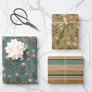 Autumnal Floral & Striping Geschenkwrap Geschenkpapier Set