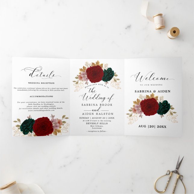 Autumnal Gold Burgundy Emerald Greeny Floral Dreifach Gefaltete Ankündigung (Innenseite)