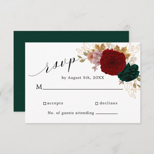 Autumnal Gold Burgundy Emerald Greeny Floral RSVP Karte (Vorne/Hinten)