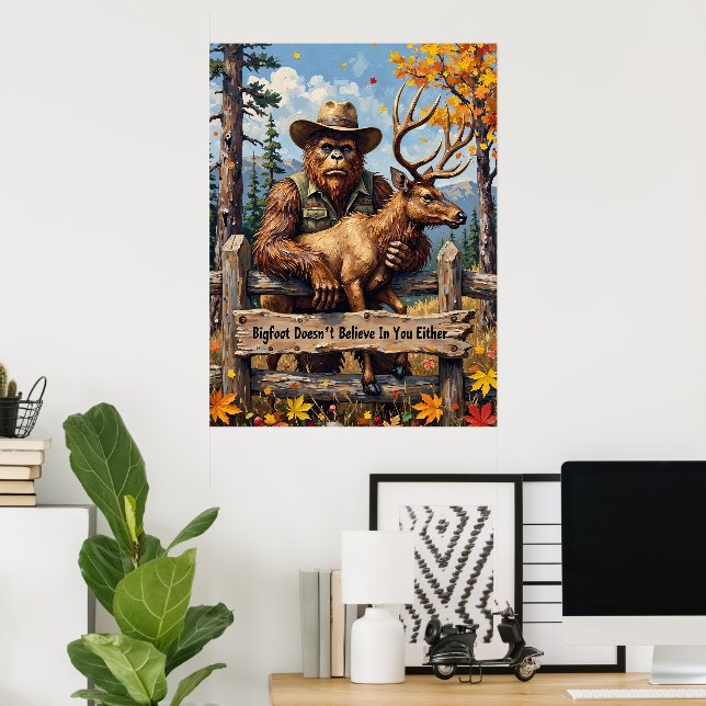 Autumnal Irony: Waldbeobachtung von Bigfoot Poster (Heimbüro)