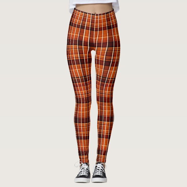 Autumnal Kariert Orange Brown Geometric Muster Leggings (Vorderseite)