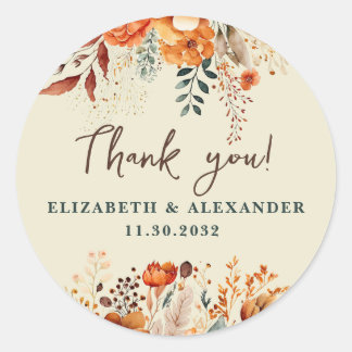 Autumnal Namen und Hochzeitstermin Blumendanken Runder Aufkleber