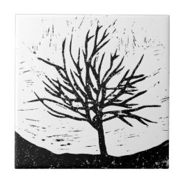 Autumnal Tree Lino Print Keramik Tile Fliese