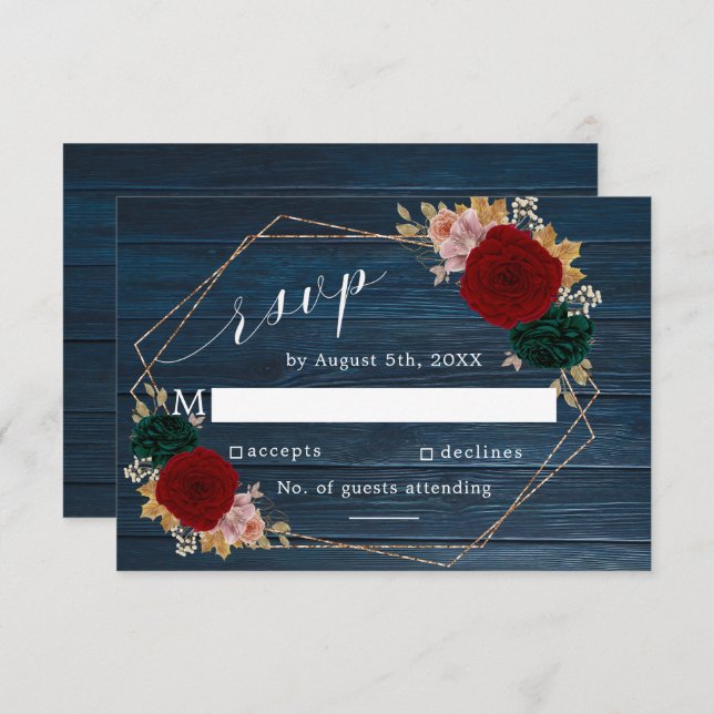 Autumnic Navy | Burgundy Emerald Greeny Floral RSVP Karte (Vorne/Hinten)