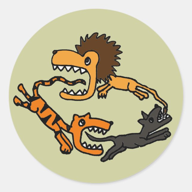 AV - Lion Chasing Tiger Chasing Hund Art Runder Aufkleber (Vorderseite)
