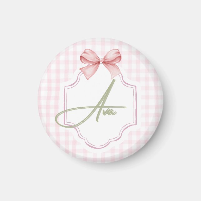 Ava Personalisiert Pink Bow & Gingham Print Magnet (Vorne)