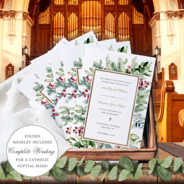 Ava Weihnachtsgrün Katholisches Hochzeitsprogramm (Ava Catholic wedding mass program for a Christmas or winter wedding)