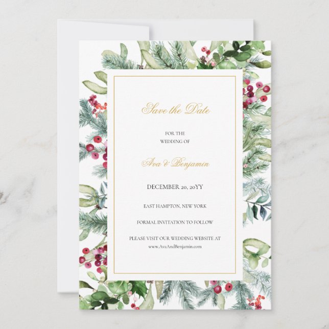 Ava Winter Greenery Berries Wedding Save The Date (Vorderseite)