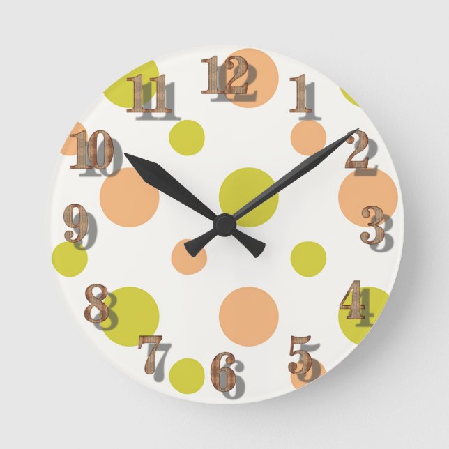 Avacado & Peach Polka Dot Retro Design Runde Wanduhr (Vorderseite)