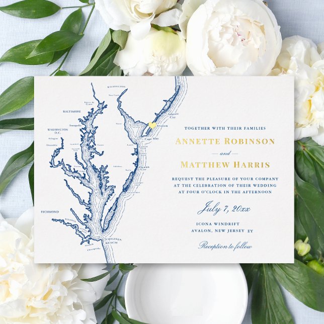 Avalon New Jersey Wedding Navy Blue und Gold Folieneinladung (Elegant Avalon New Jersey Wedding Invitation with Gold Foil and navy blue script font )