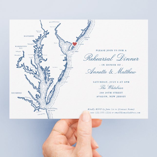 Avalon NJ Elegant Wedding Probe Dinner Einladung (Elegant Avalon New Jersey Wedding Rehearsal Dinner invitation with navy blue Jersey Shore map)