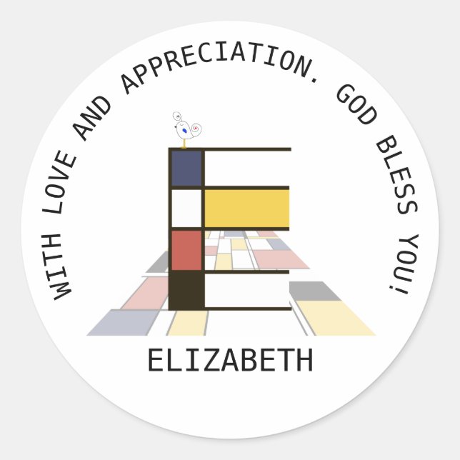 Avant-Garde Art Style Monogram. Buchstabe E Runder Aufkleber (Vorderseite)