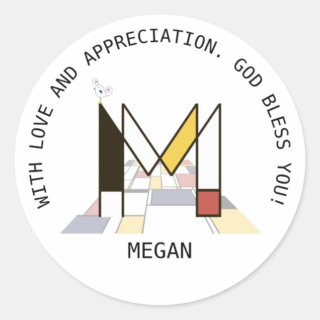 Avant-Garde Art Style Monogram. Buchstabe M Runder Aufkleber (Vorderseite)