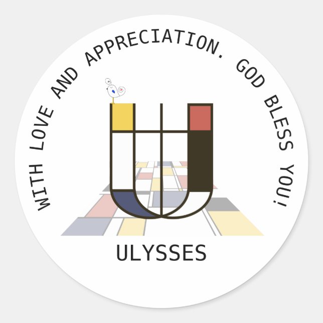 Avant-Garde Art Style Monogram. Buchstabe U Runder Aufkleber (Vorderseite)