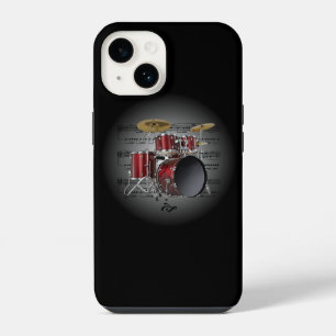 Avant Garde, Drum Set auf Globe mit Notenmusik ~ iPhone 14 Hülle
