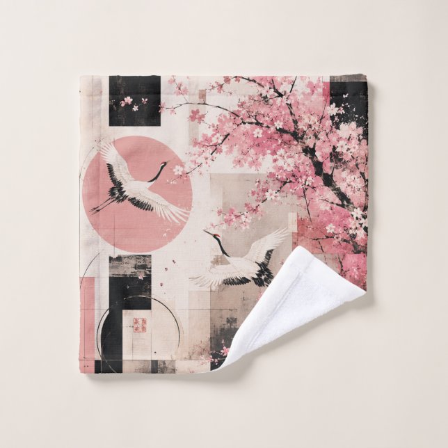 Avantgarde-Sakura- und Kranichharmonie Badhandtuch Set (Waschlappen)