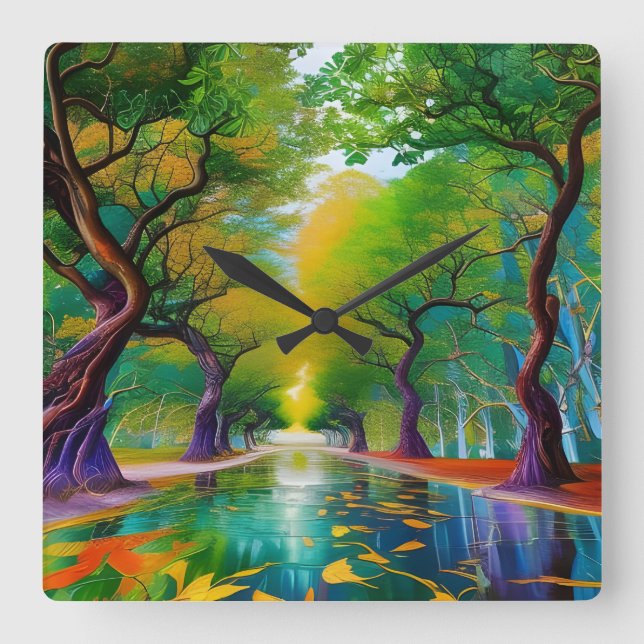 Avenue of Trees Herbstblätter Quadratische Wanduhr (Vorderseite)