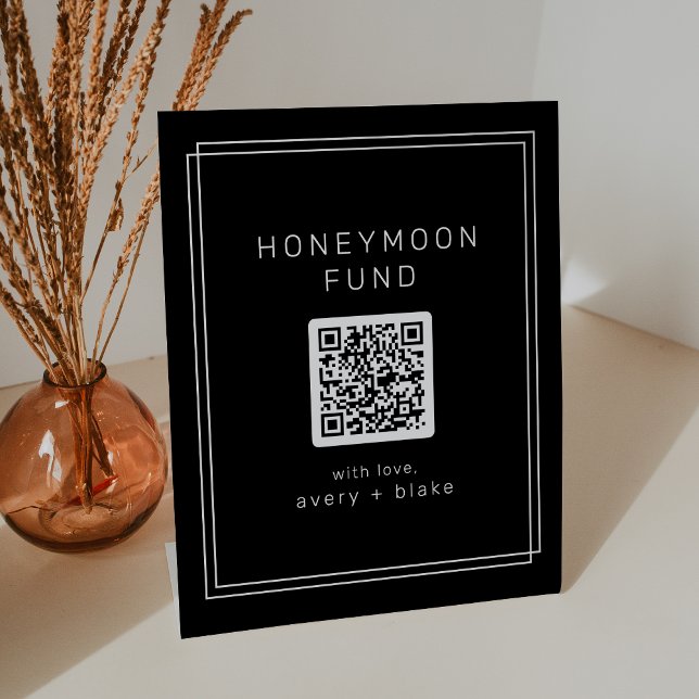AVERY Black Modern QR Code Wedding Honeymoon Fund Sockelschild (AVERY Black Modern QR Code Wedding Honeymoon Fund Pedestal Sign)